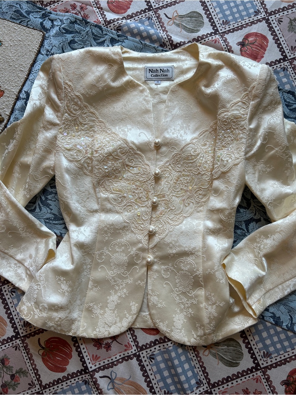 Vintage Ivory and Lace Jacquard Jacket | Top Pearl Buttons and Sequin Details